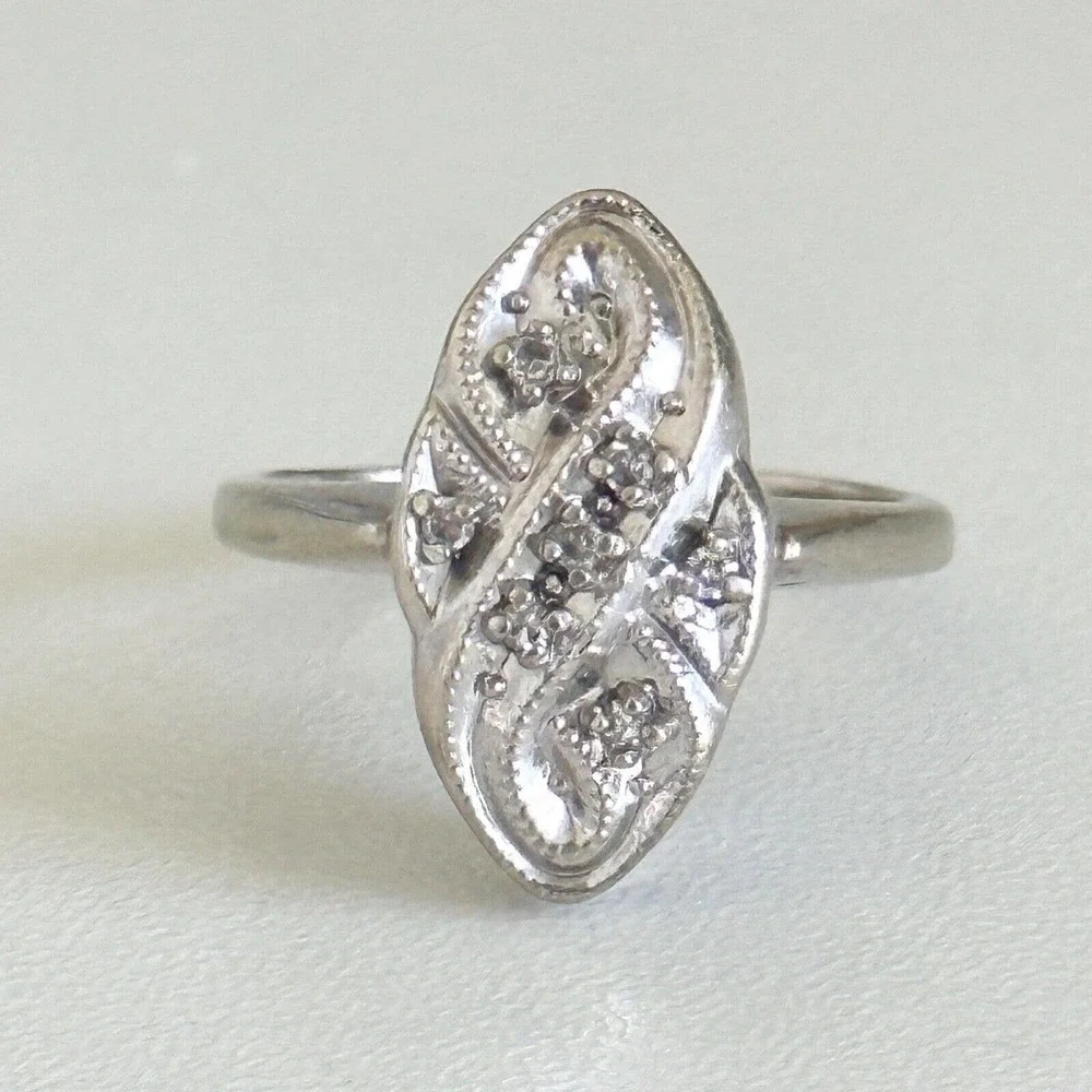 14K Solid White Gold Vintage Antique Deco Style Diamonds Band Ring Size 4.75